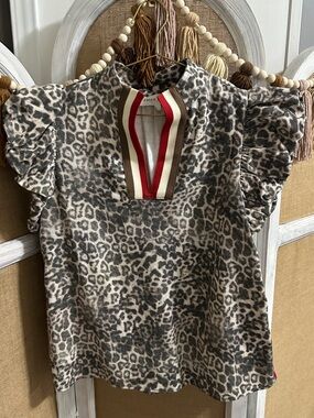 entro Leopard Print Ruffle Sleeve Blouse with Red Trim
